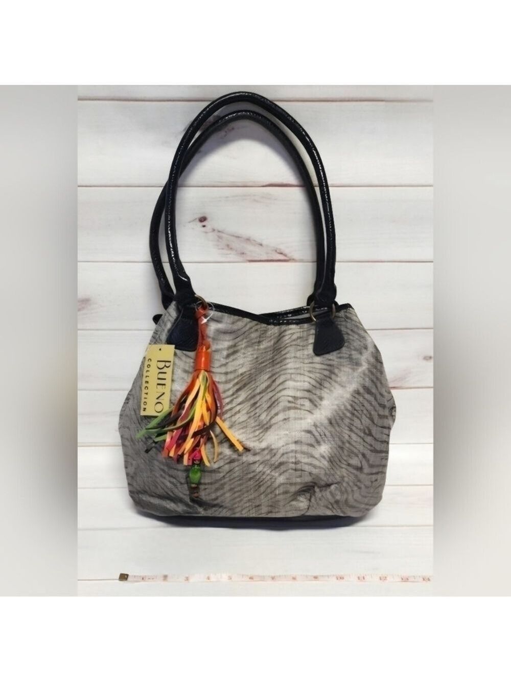 Bueno Zebra Textured Gray Shoulder Bag With Colorful Tassel -New With Tags
